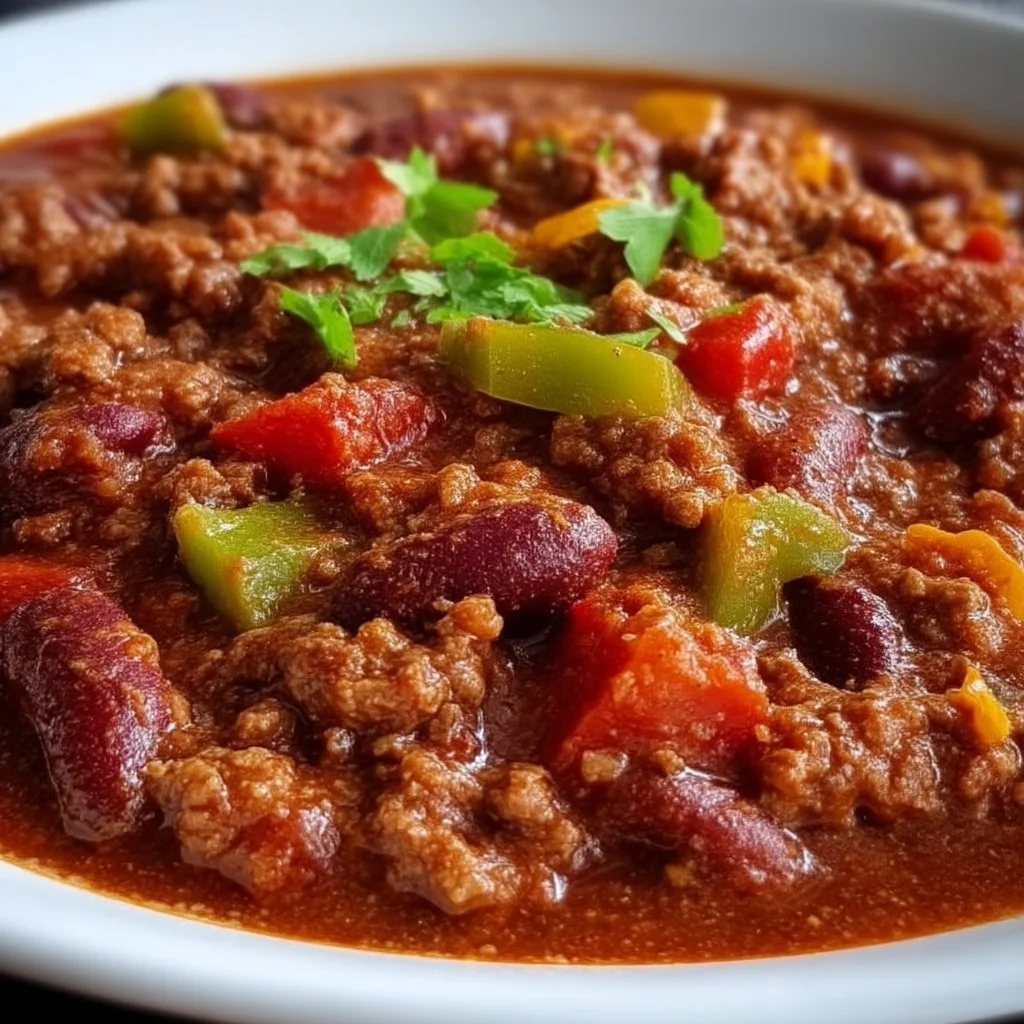 Bowl of cozy Crockpot chili topped with cheese and herbs