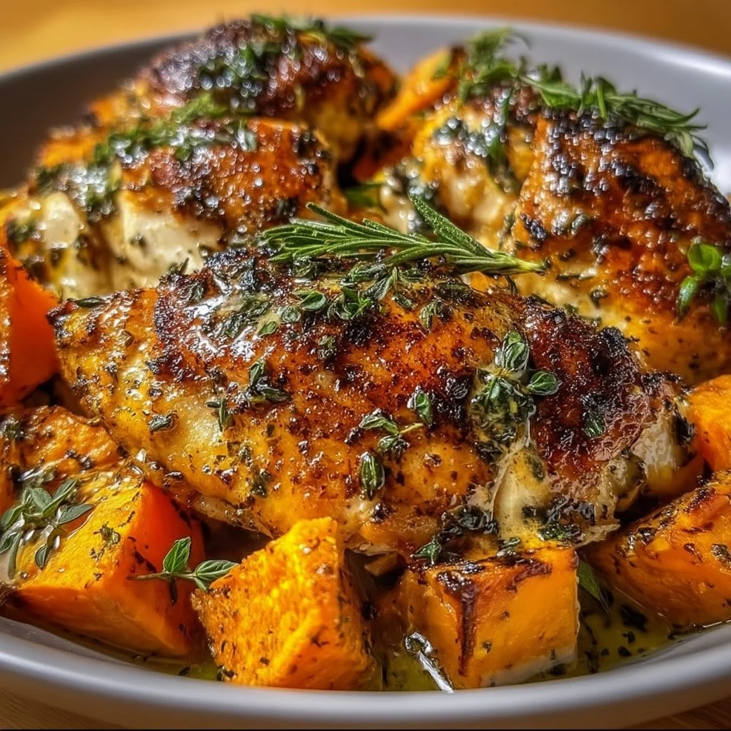 Maple Dijon Chicken served in a bowl with sweet potatoes for a cozy meal.