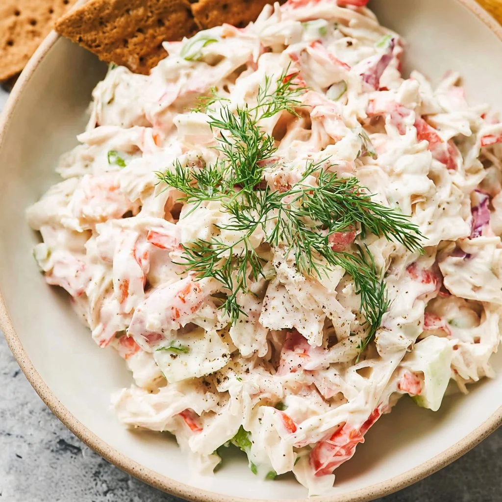 Delicious homemade crab salad with fresh vegetables and dressing.