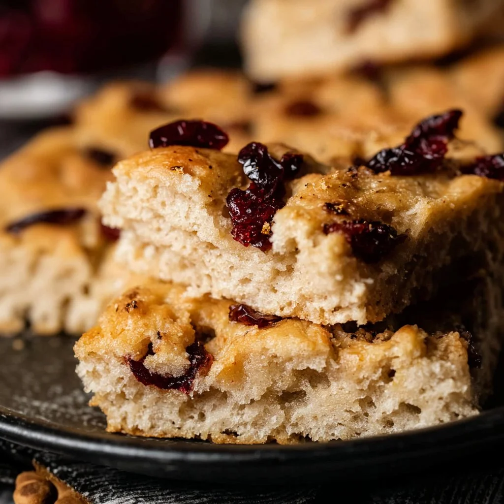 Freshly baked Cranberry Focaccia Bread topped with cranberries and herbs.