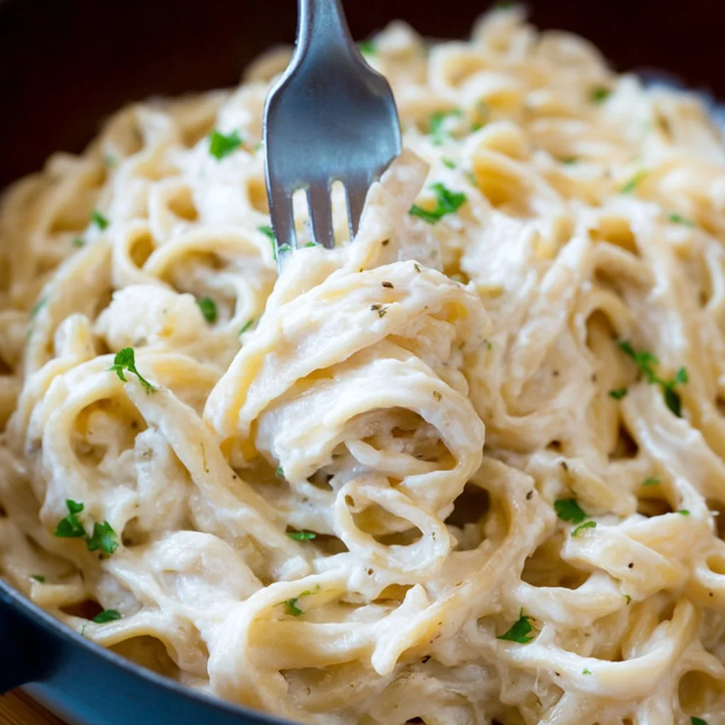 Creamy cauliflower alfredo sauce served on pasta, garnished with herbs.