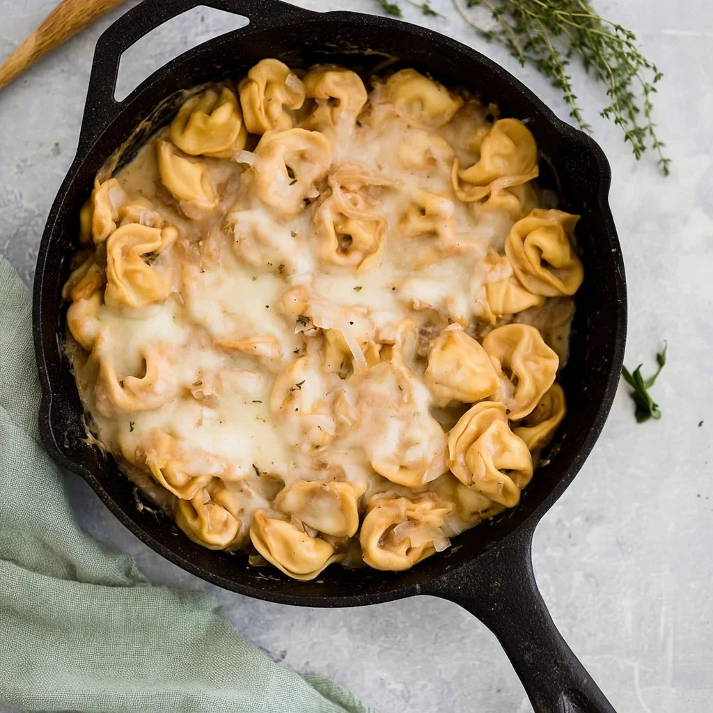 Creamy French Onion Tortellini dish served in a cozy setting