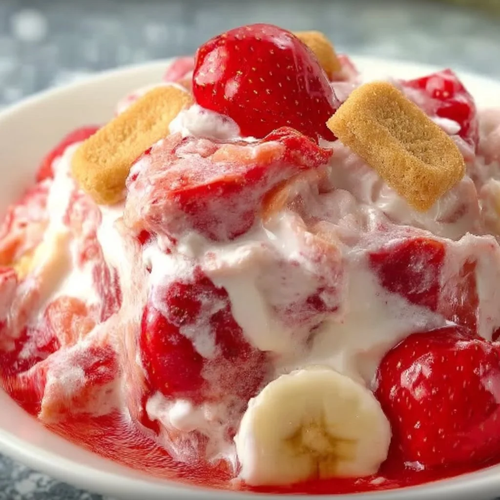 A creamy strawberry banana pudding dessert served in a glass bowl.