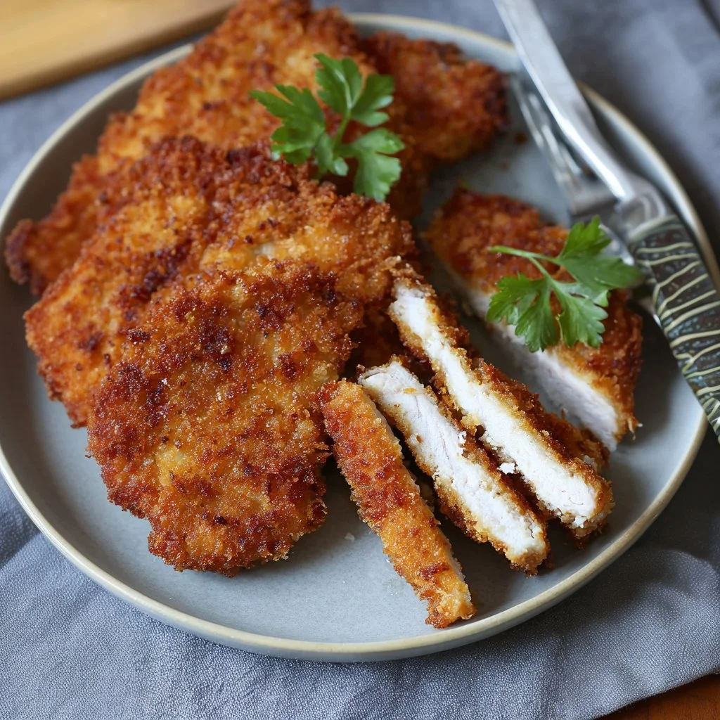 Crispy chicken cutlets served with a side of vegetables