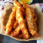 Crispy chicken fries served with dipping sauce on a plate.