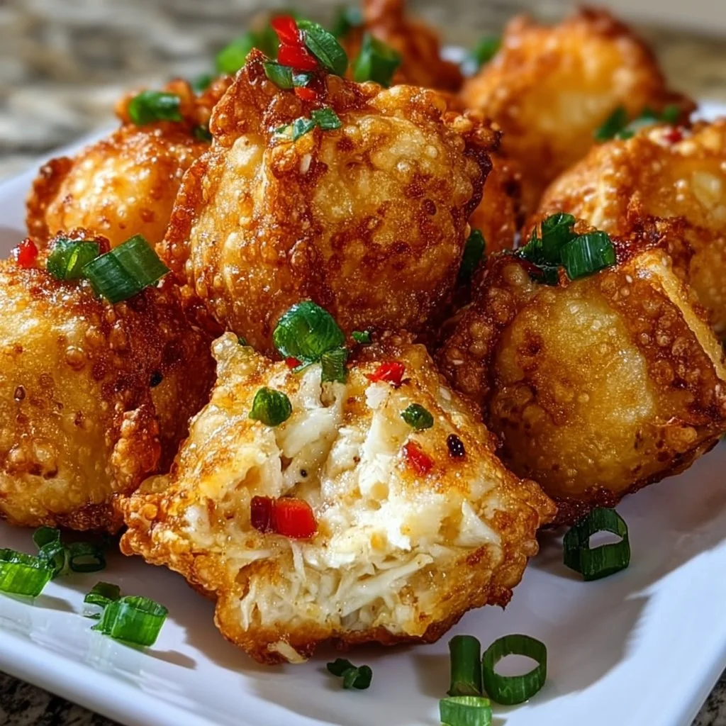 Golden crispy crab rangoon bombs with creamy filling, perfect appetizer or snack.