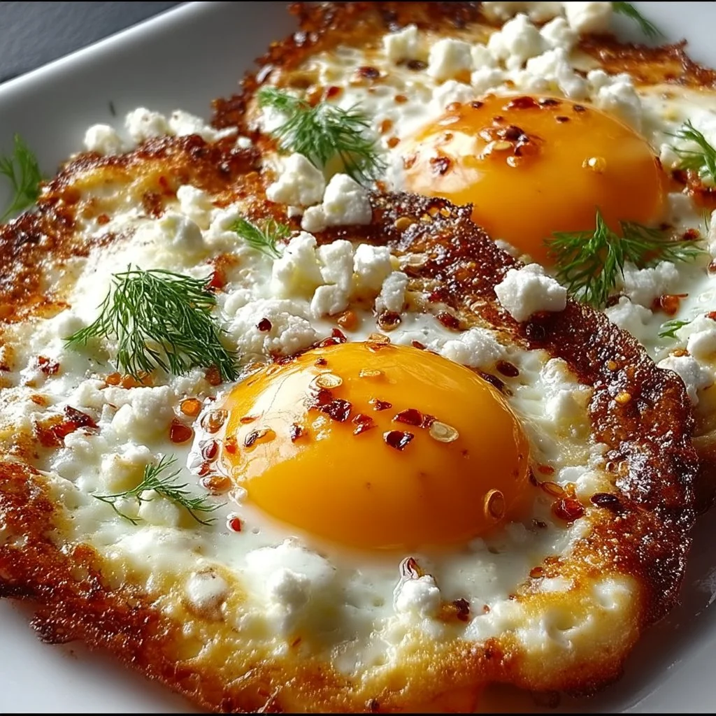 Crispy feta fried eggs served on a plate for breakfast