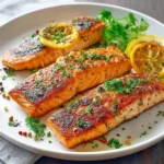Crispy pan fried salmon fillet served with lemon and herbs