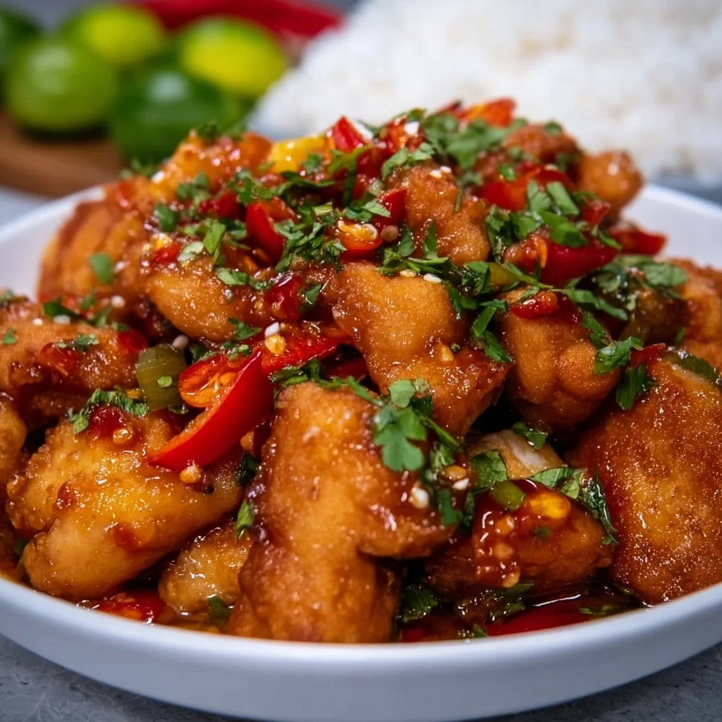 Plated crispy Thai sweet chili chicken garnished with fresh herbs