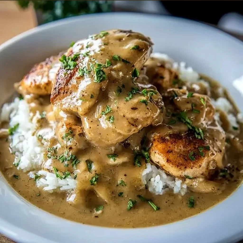 Tender crockpot chicken and gravy served in a bowl with herbs on top