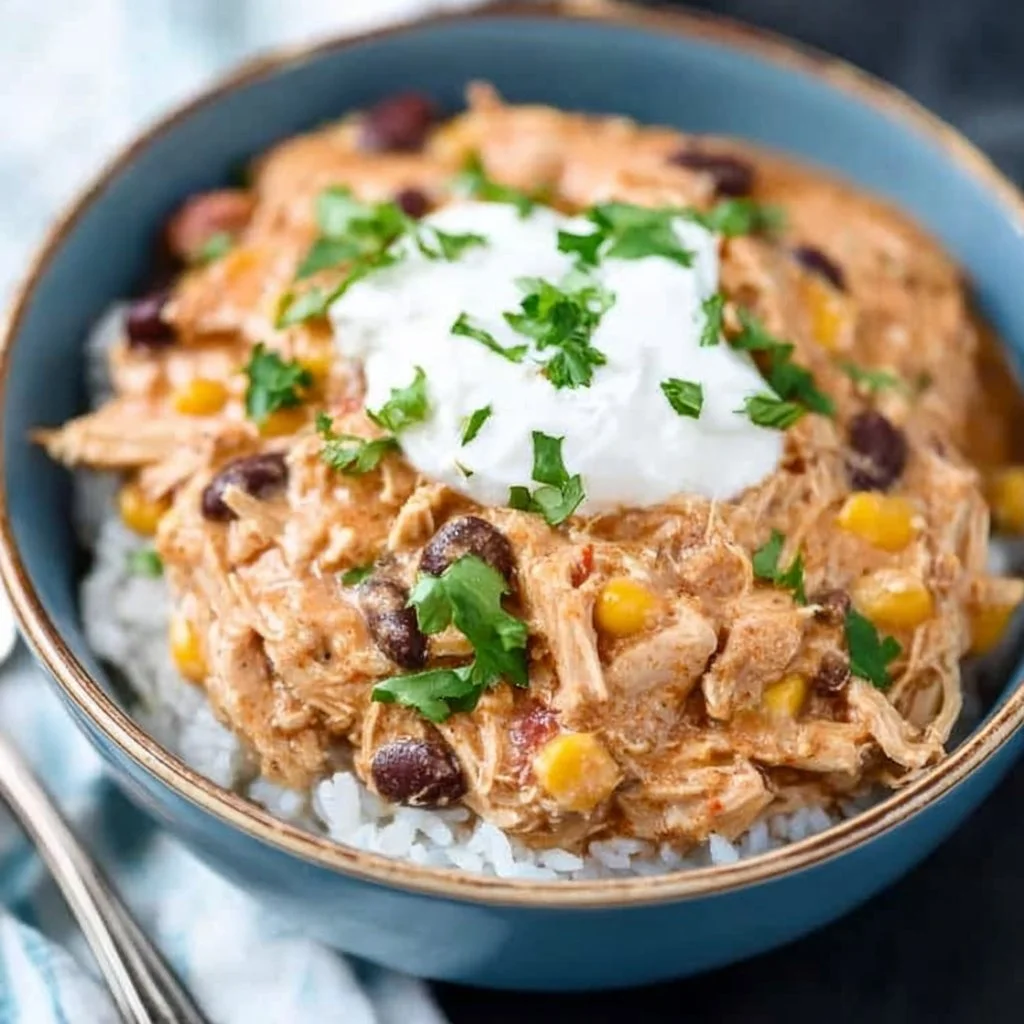 Bowl of creamy crockpot cream cheese chicken chili topped with cilantro
