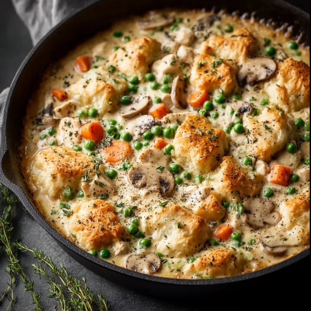 Crustless chicken pot pie skillet with vegetables and herbs in a cast-iron skillet.