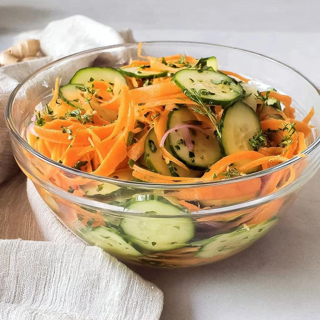 Fresh cucumber and carrot salad served in a bowl, garnished with herbs.