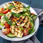 Cucumber Tomato Avocado Salad garnished with grilled Halloumi cheese