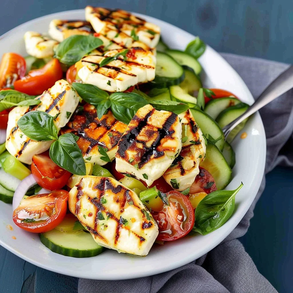 Cucumber Tomato Avocado Salad garnished with grilled Halloumi cheese