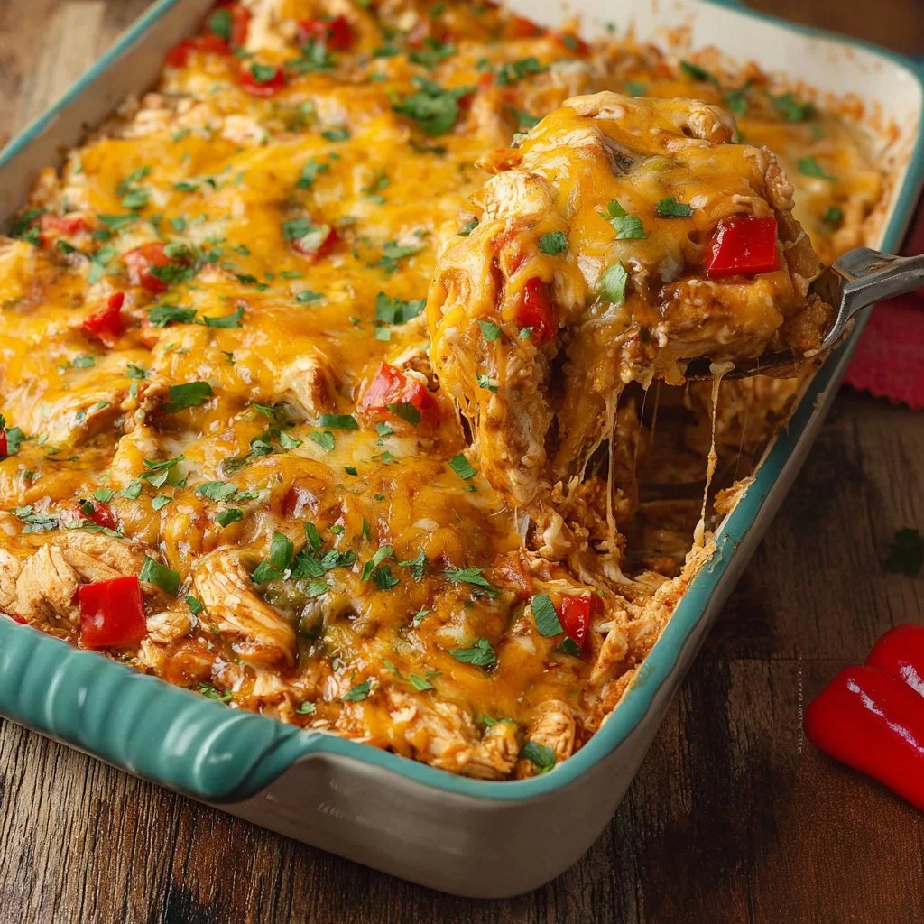 Delicious chicken fajita casserole baked with peppers and cheese