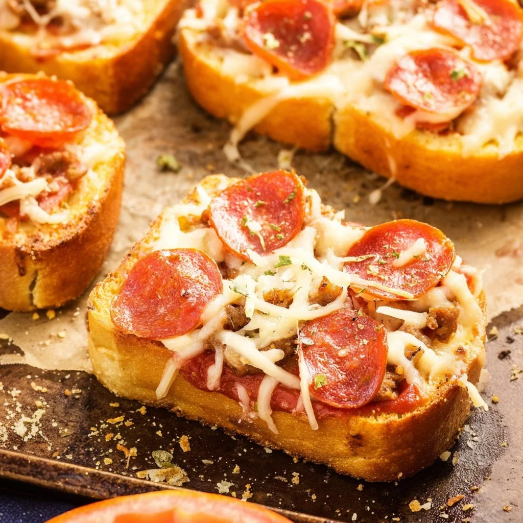 Easy Texas toast pizzas on a plate, topped with cheese and pepperoni.