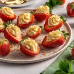 A plate of deviled strawberries filled with creamy mixture, garnished beautifully