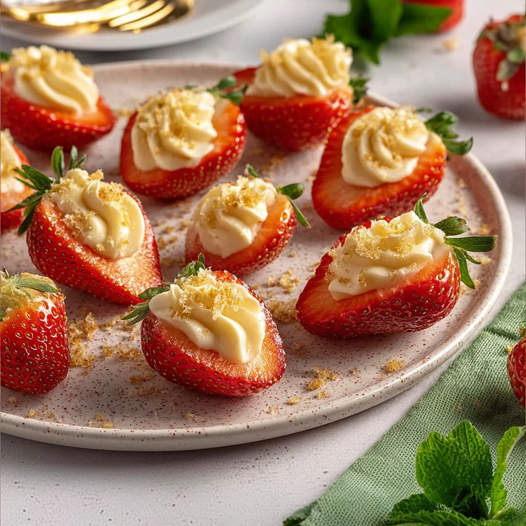 A plate of deviled strawberries filled with creamy mixture, garnished beautifully