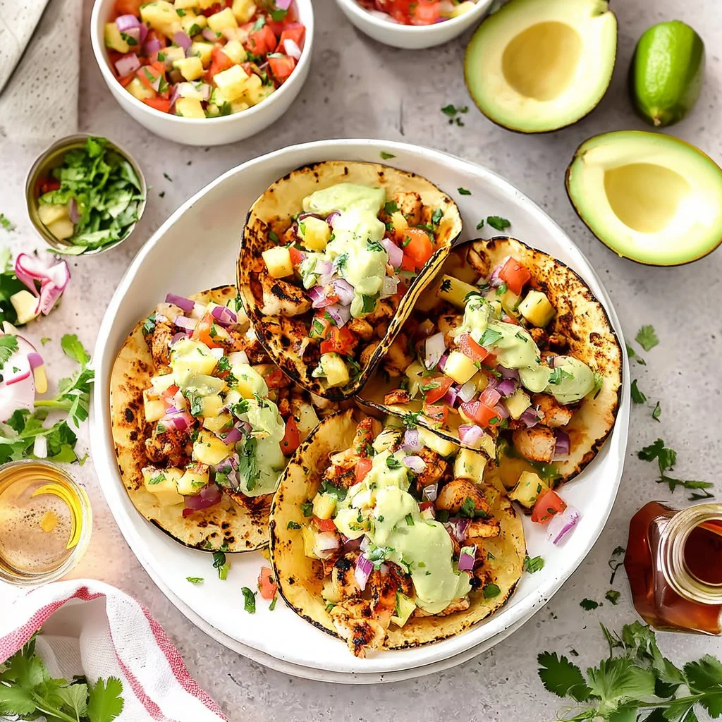 Chili lime chicken tacos served with grilled pineapple salsa on a wooden table