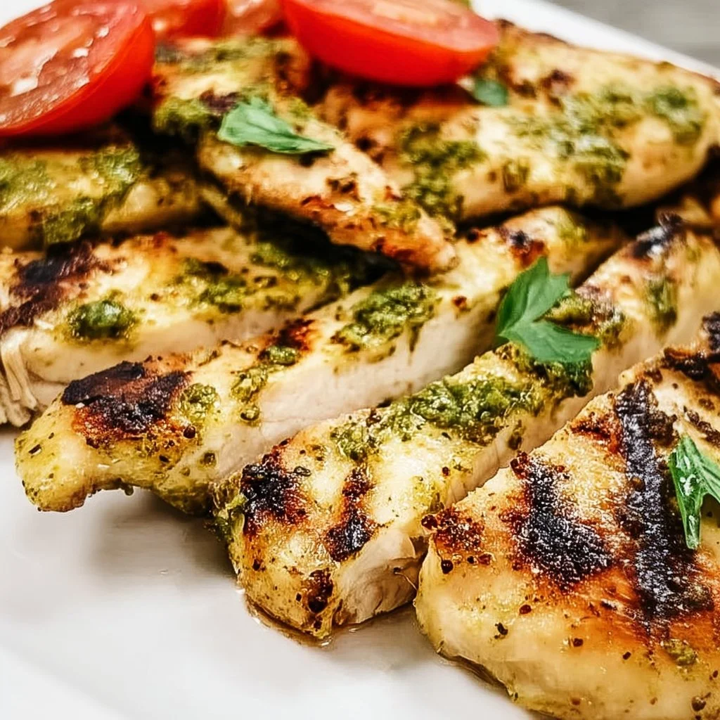 Delicious easy grilled pesto chicken on a plate with fresh herbs and vegetables