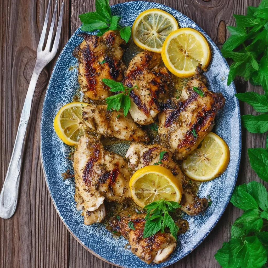 Plate of easy lemon chicken garnished with fresh herbs and lemon slices