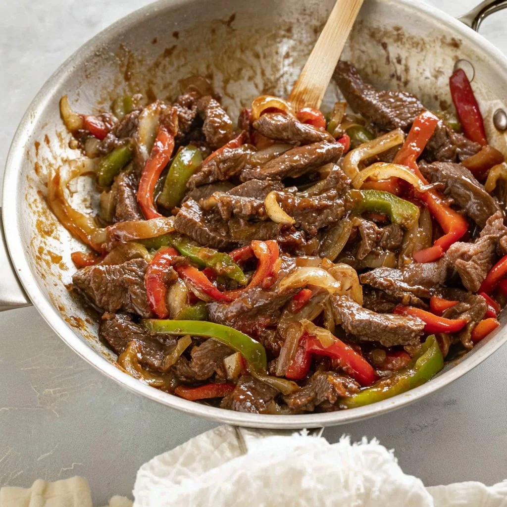 Delicious easy pepper steak served with vegetables on a plate.