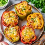 Deliciously stuffed bell peppers filled with rice, veggies, and meat.