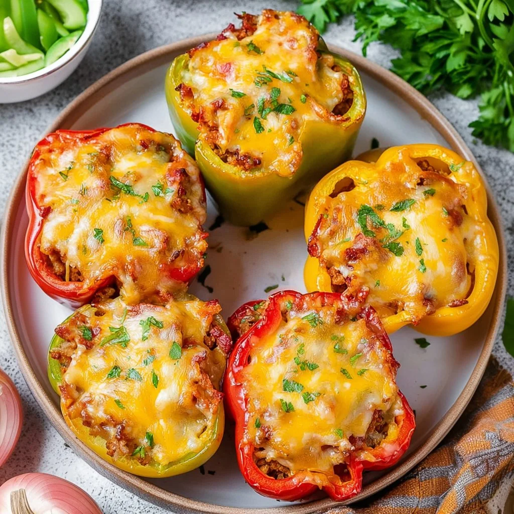Deliciously stuffed bell peppers filled with rice, veggies, and meat.