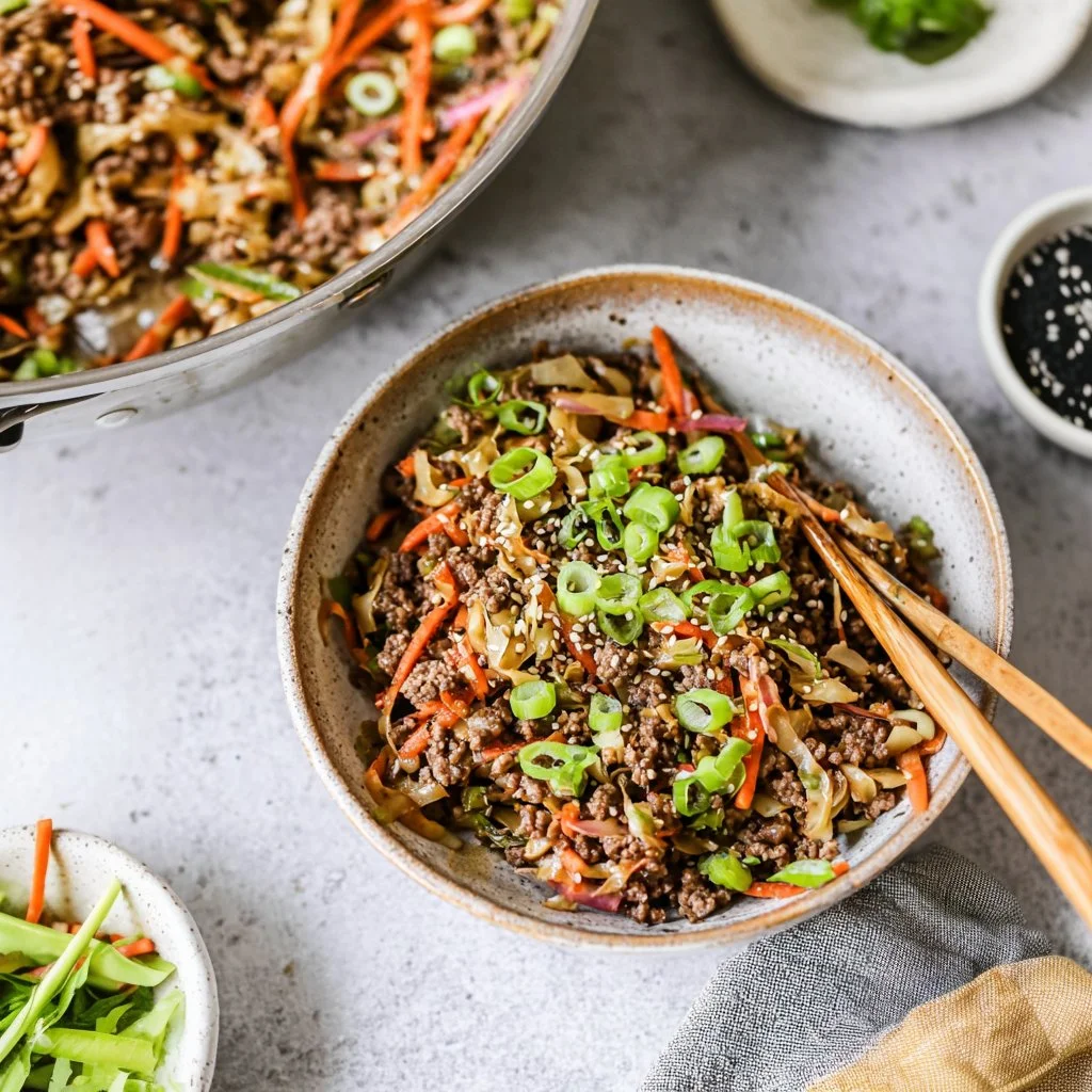 Delicious egg roll in a bowl served in a cozy setting, filled with fresh ingredients.