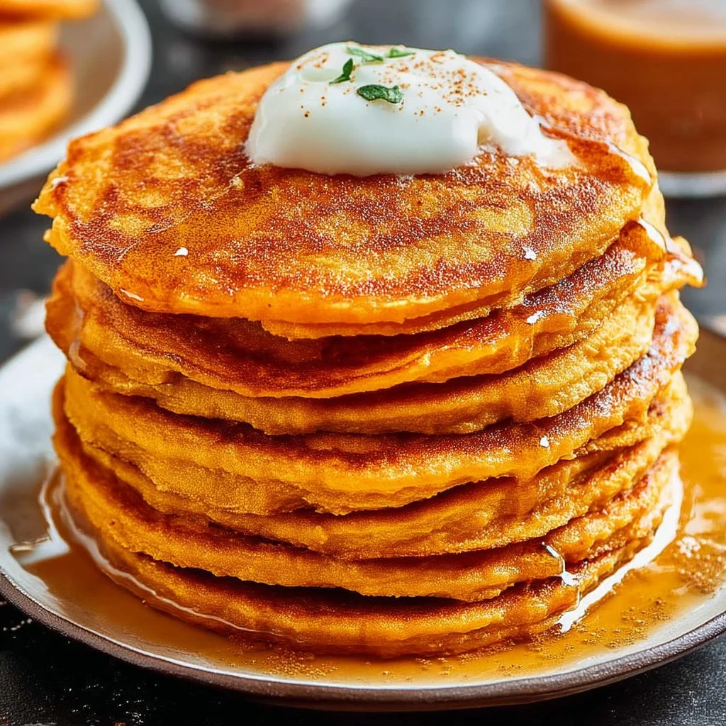 Delicious sweet potato pancakes served with syrup and fresh berries for a cozy breakfast.