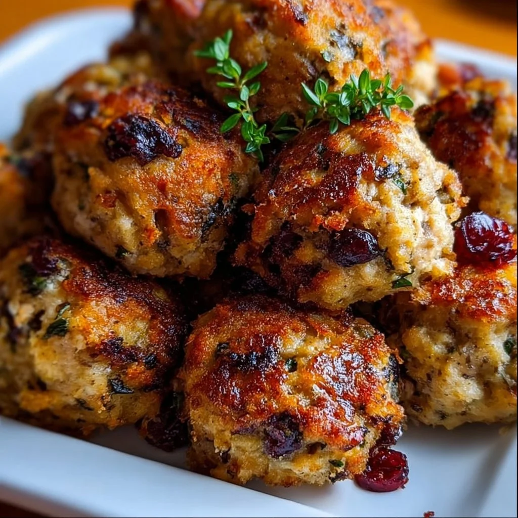 Festive cranberry turkey stuffing balls on a serving platter