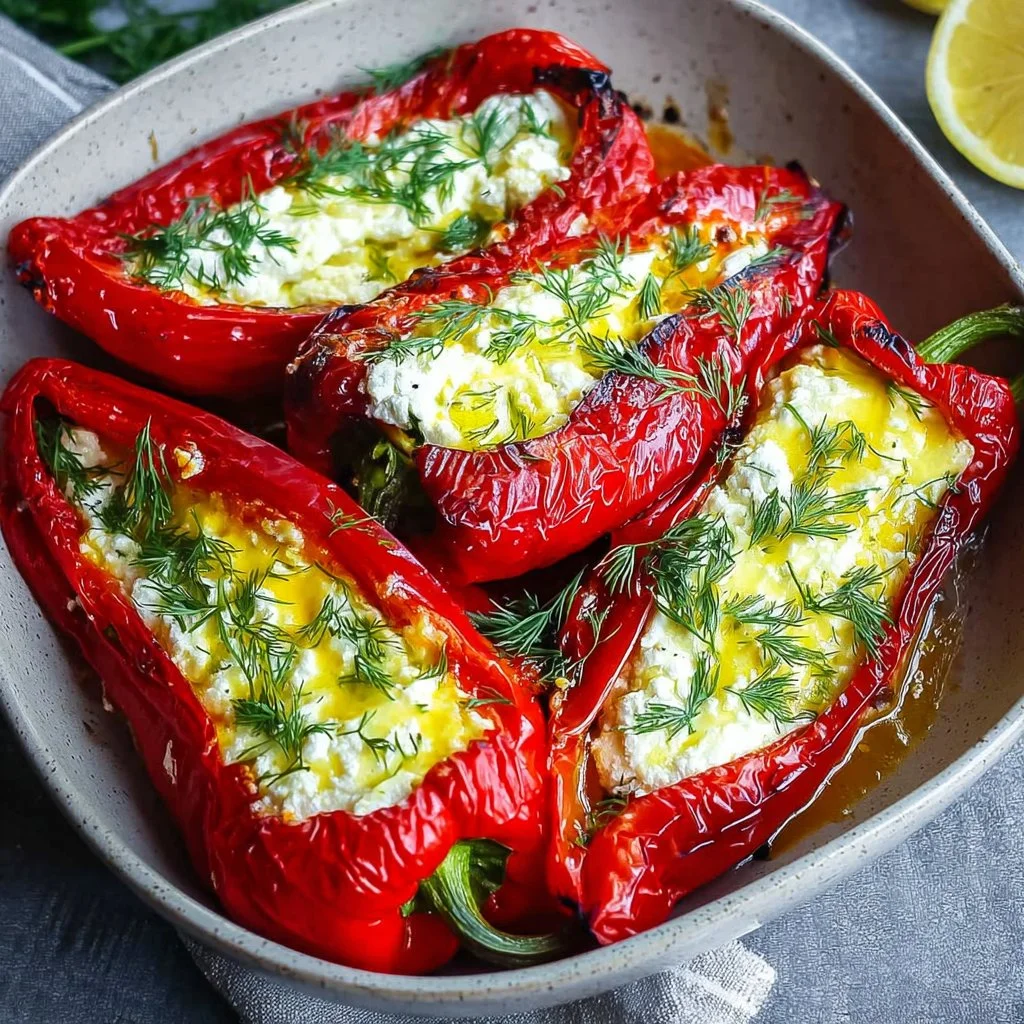 Colorful feta stuffed peppers with vegetables and herbs