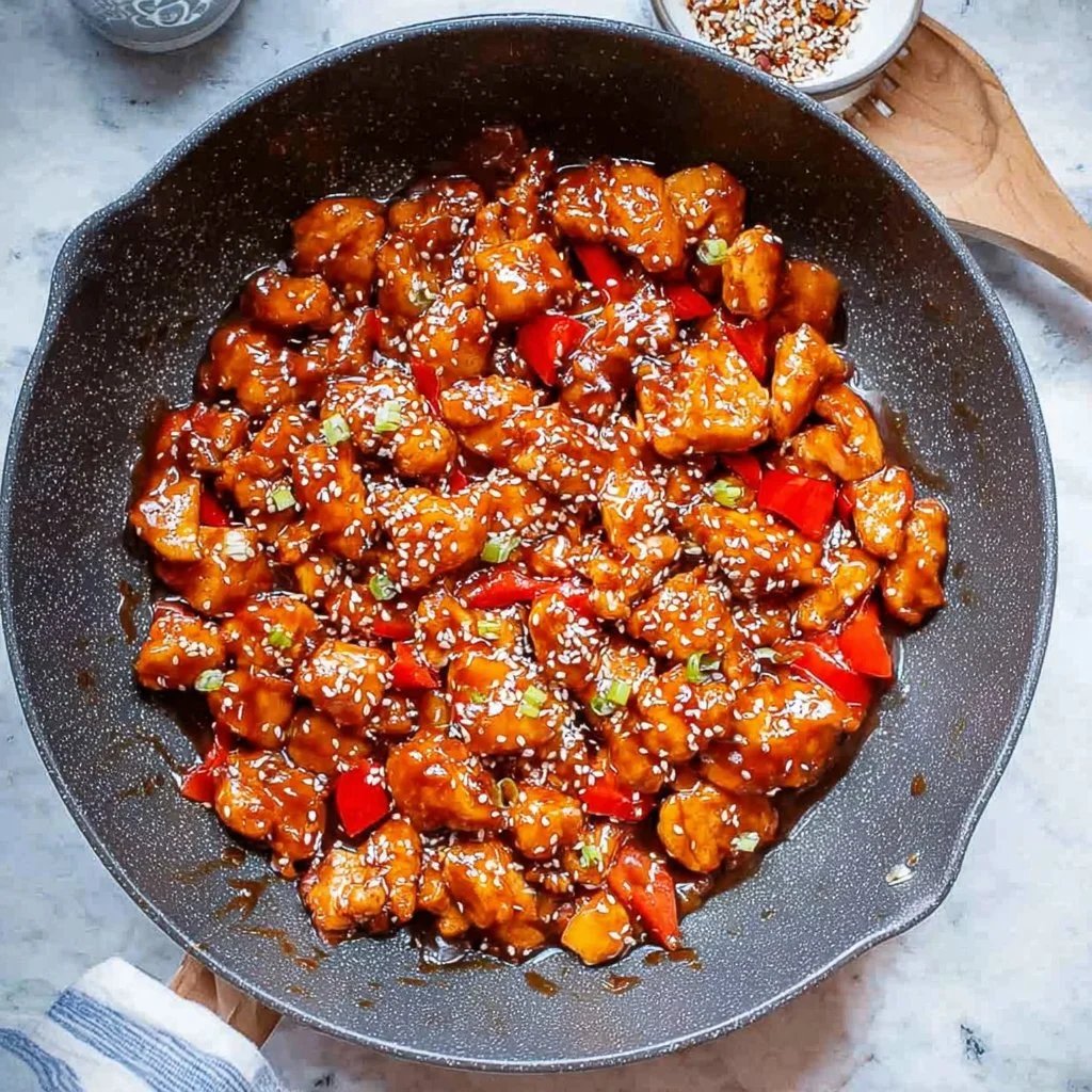 Delicious Firecracker Chicken served in a bowl with rice and vegetables
