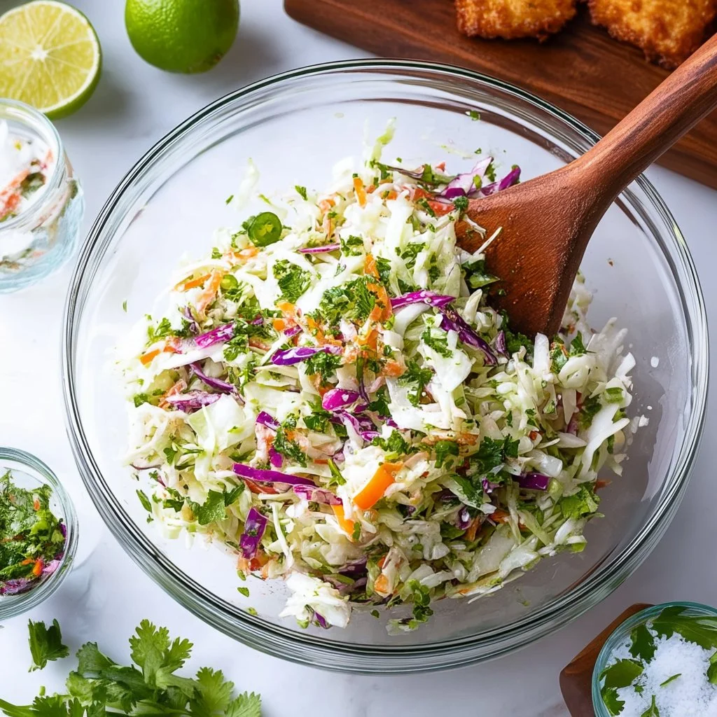 Colorful fish taco slaw served on a plate with lime wedges and cilantro.