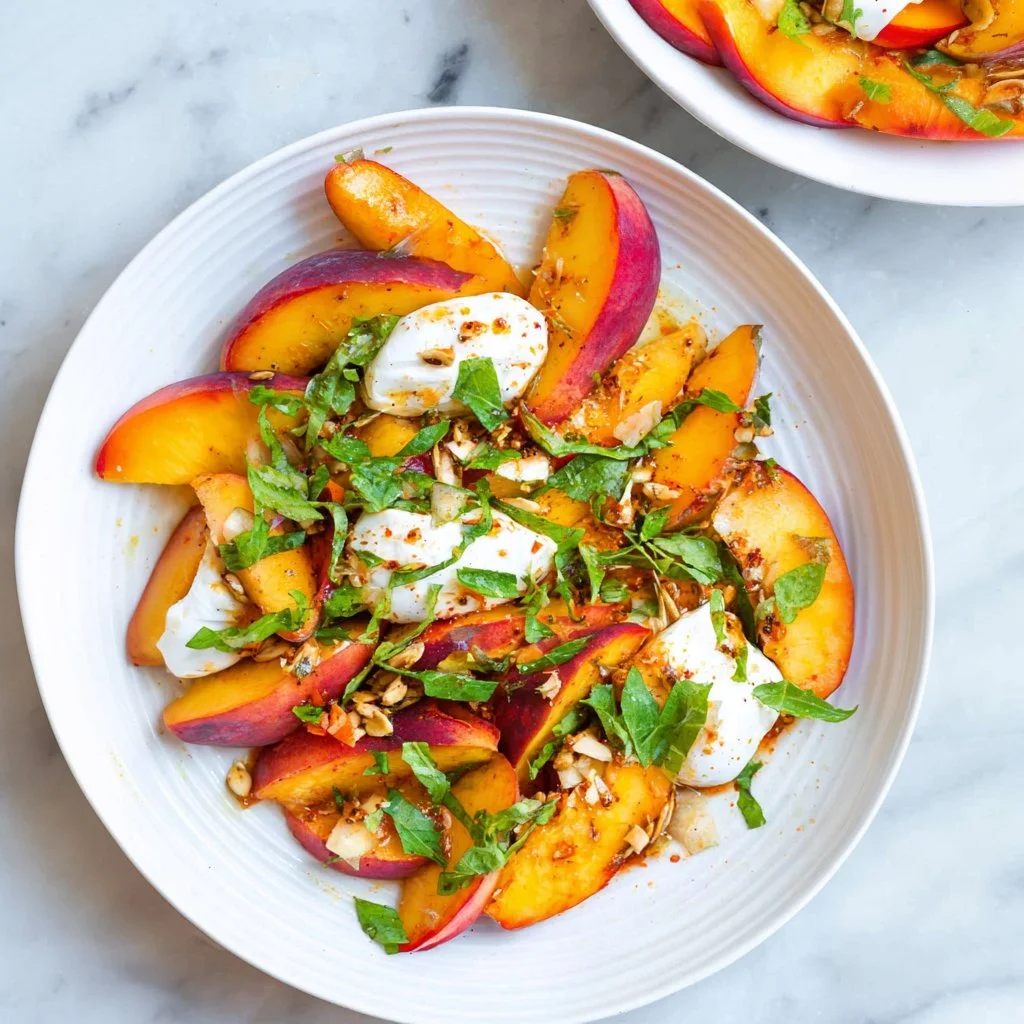 Fresh Peach Burrata Salad with creamy burrata and sliced peaches on a plate
