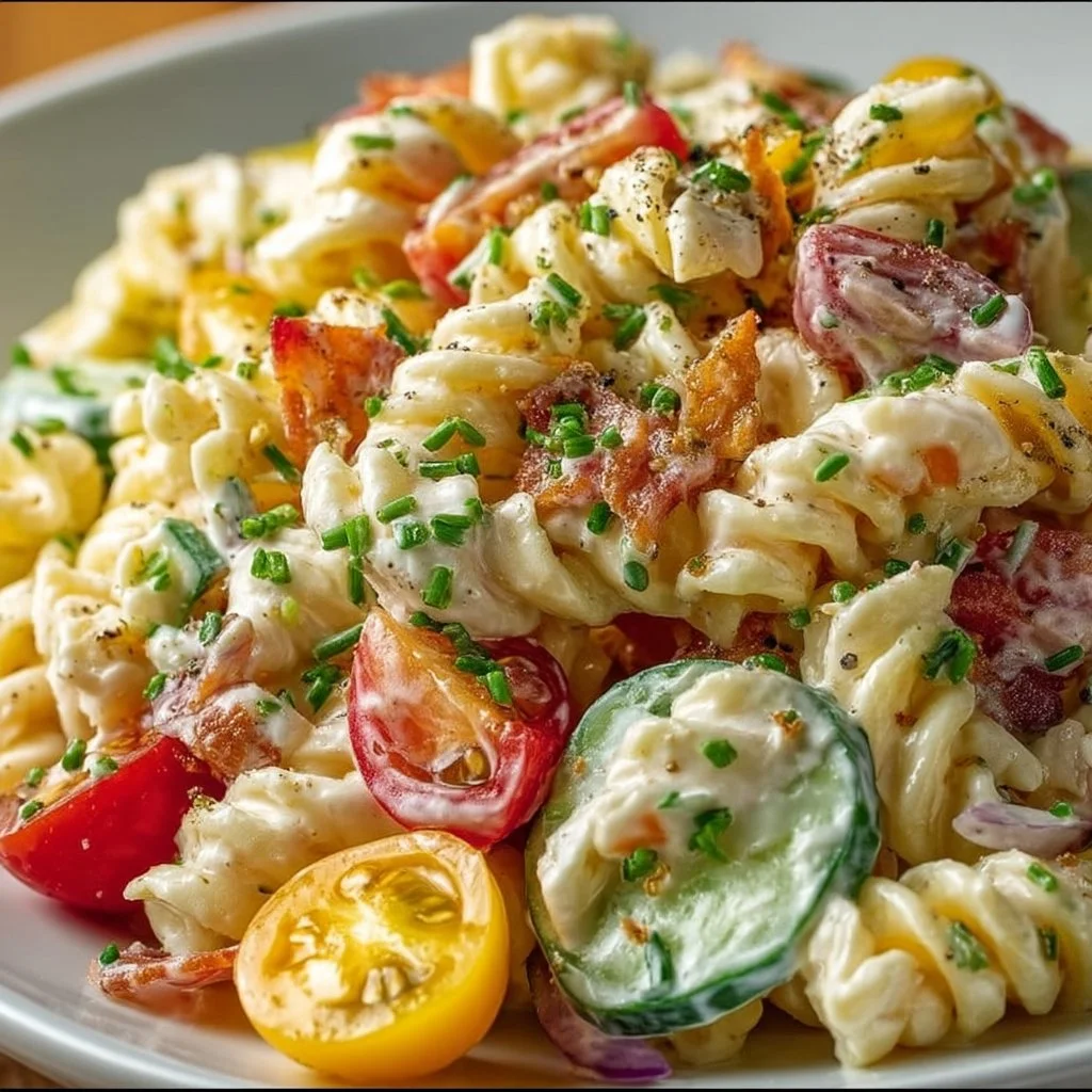 Fresh ranch pasta salad with colorful vegetables and dressing