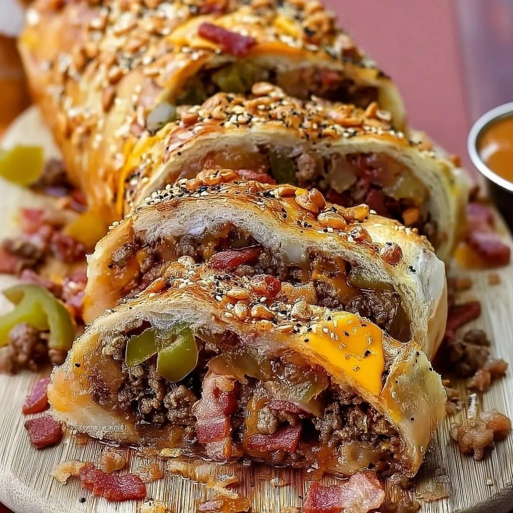 Freshly baked Garbage Bread filled with assorted leftover ingredients.