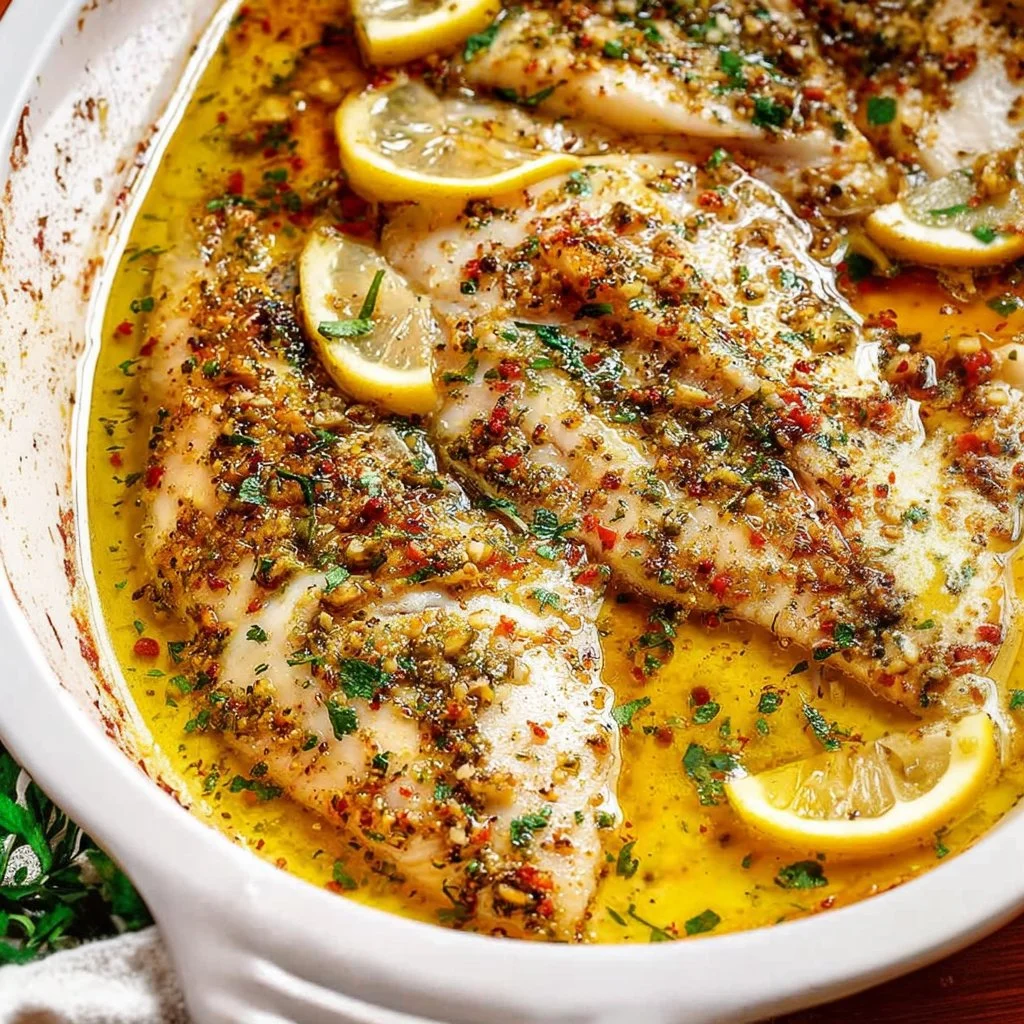 Oven baked garlic butter tilapia served on a plate with herbs and lemon slices.