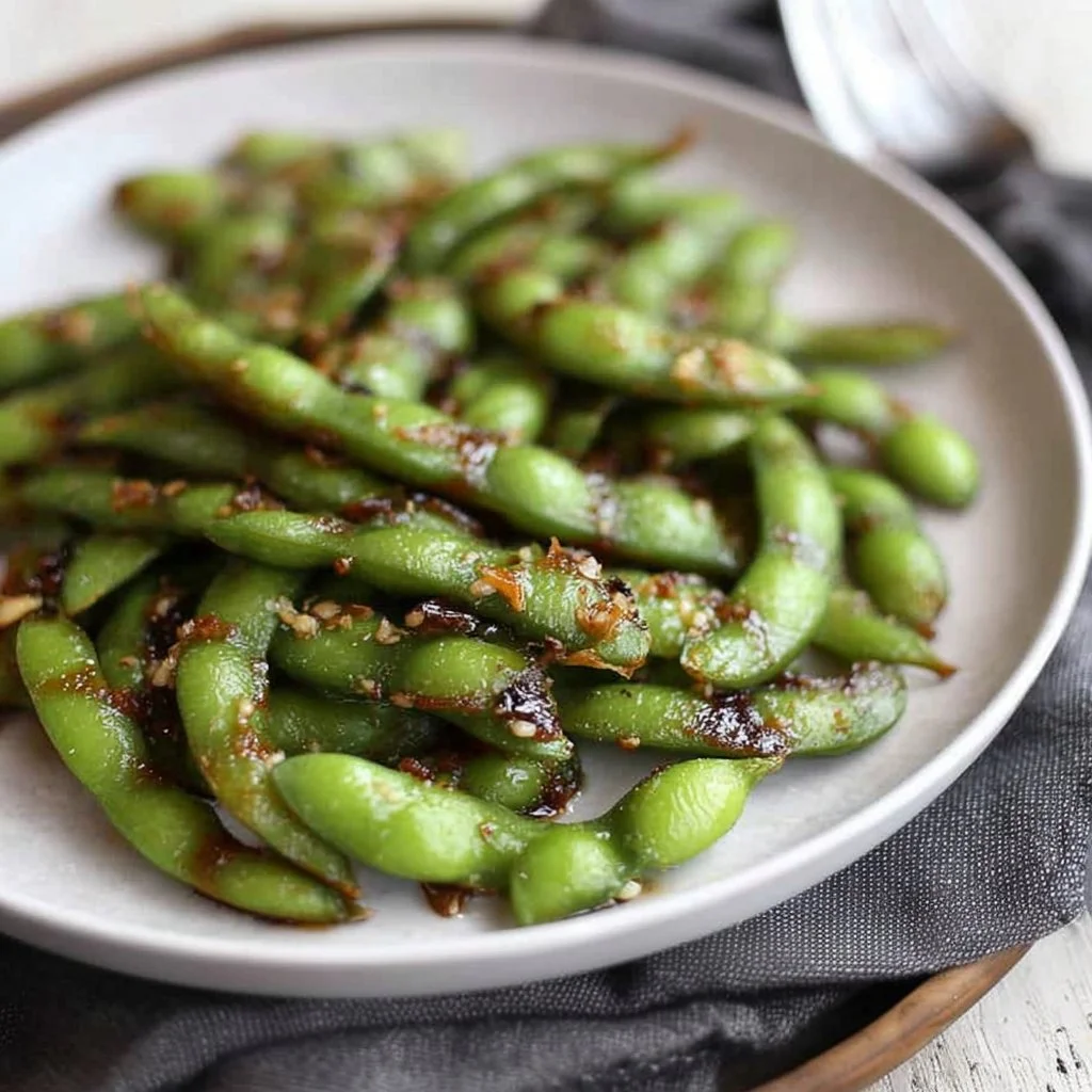 Bowl of Garlic Edamame with garlic cloves and green pods on a rustic table