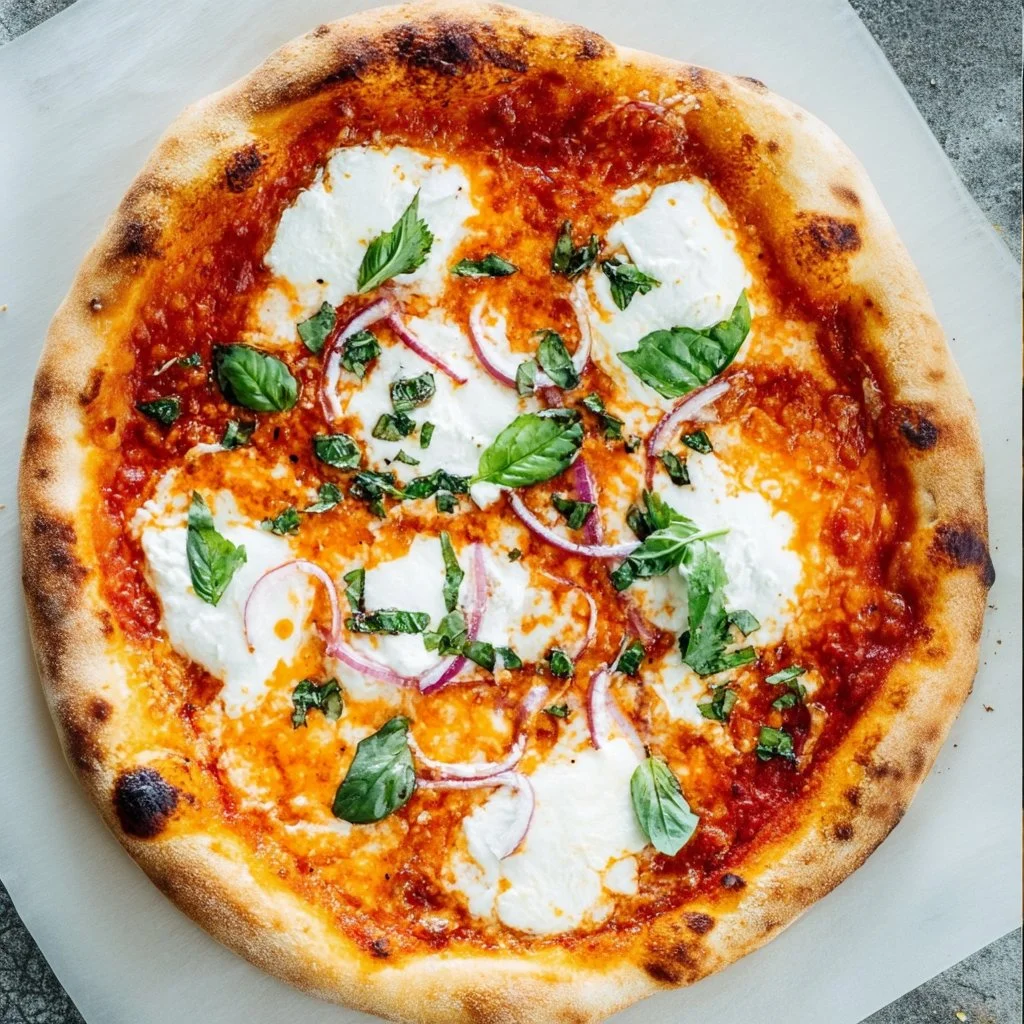 Delicious slice of goat cheese pizza with fresh vegetables and herbs