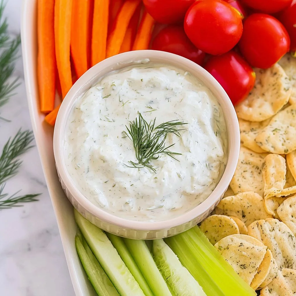 Creamy Greek Yogurt Ranch Dip served in a bowl with fresh veggies for dipping.
