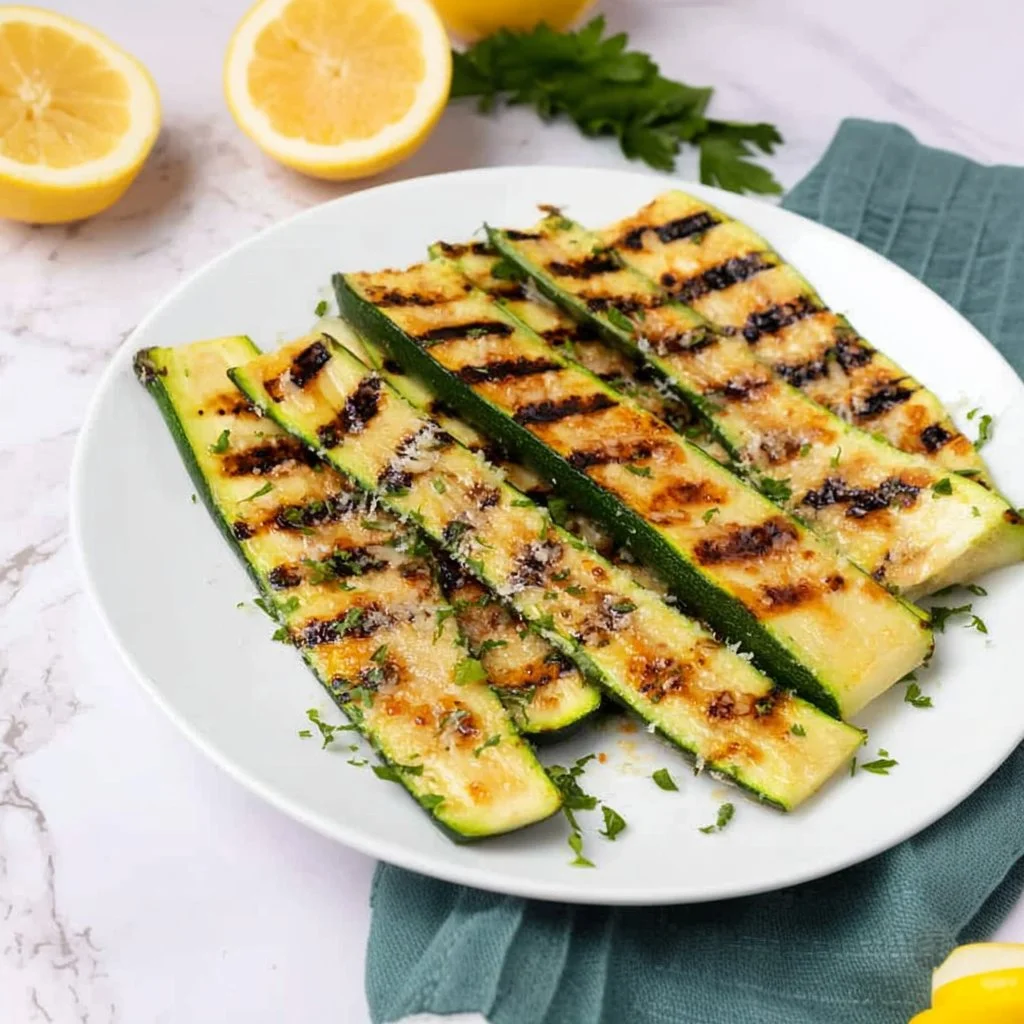 Grilled Parmesan Zucchini on a plate, garnished and ready to serve