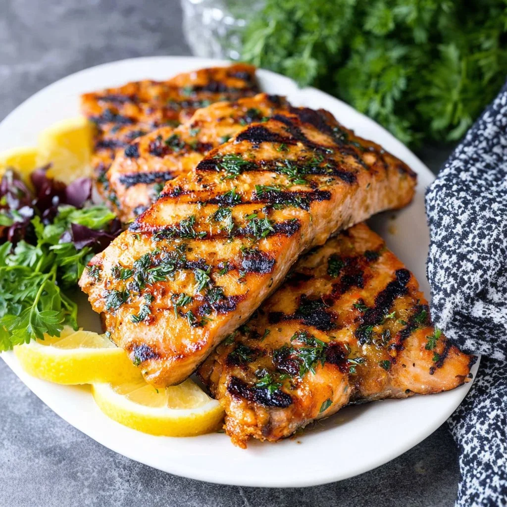 Delicious grilled salmon served with vegetables on a plate for dinner.