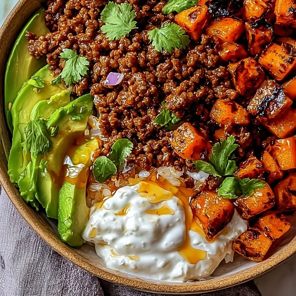Ground Beef Hot Honey Bowl topped with fresh vegetables and chili flakes.