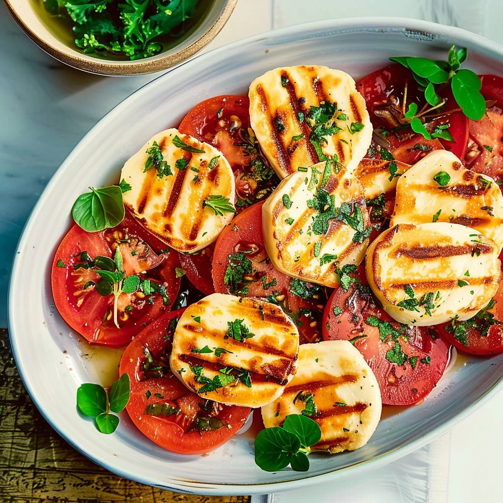 Delicious Halloumi Tomato Salad with fresh herbs served in a bowl