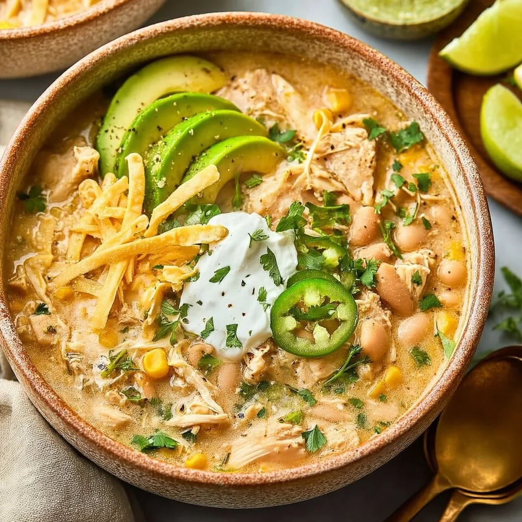 Healthy white chicken chili with fresh ingredients in a bowl