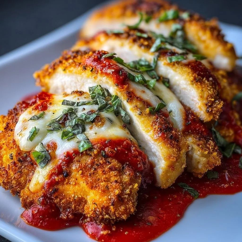 Delicious heart-healthy air fryer chicken parmesan dish garnished with herbs