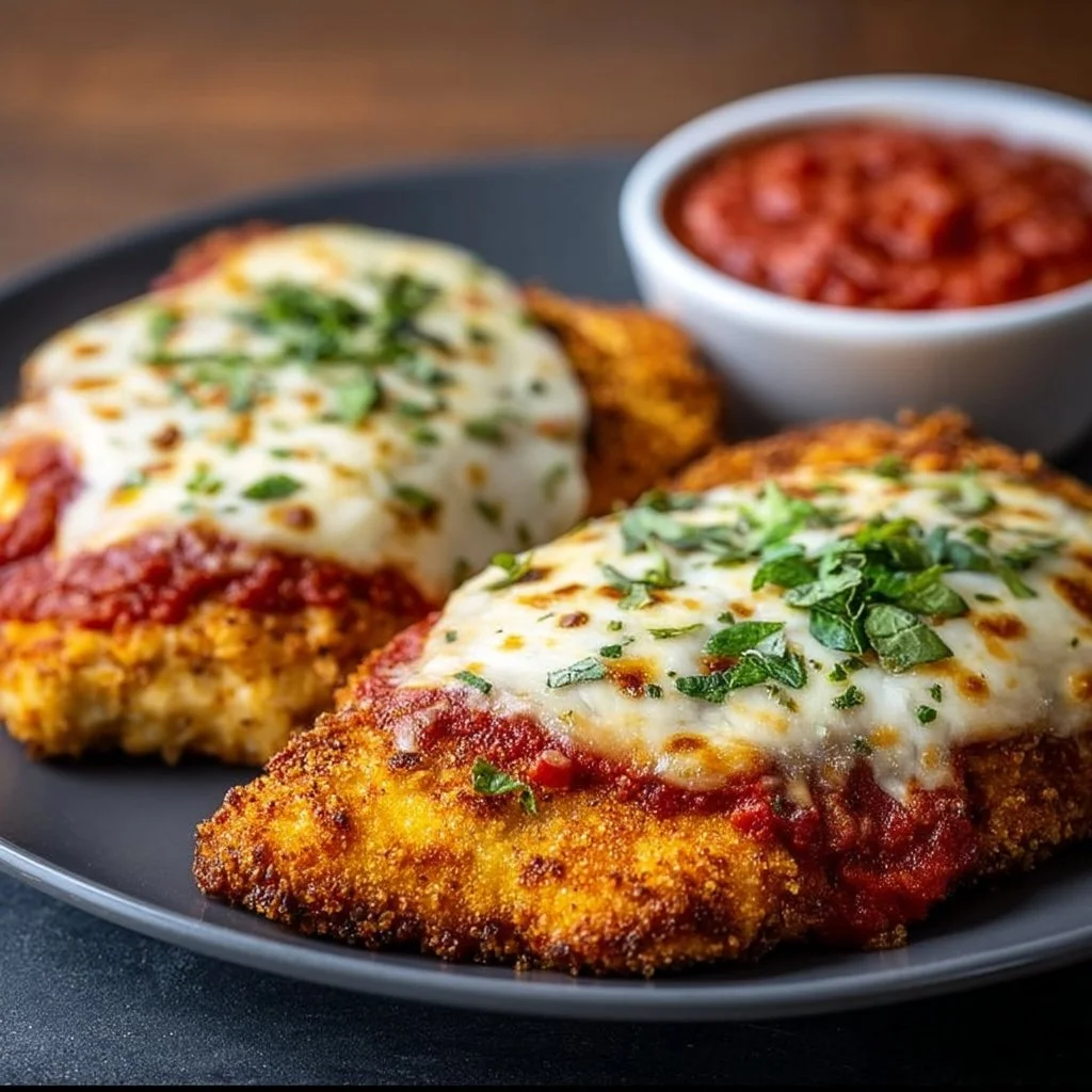 Heart-healthy air fryer chicken parmesan served on a plate with fresh herbs.