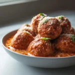 Delicious high protein ricotta meatballs served on a plate with marinara sauce.